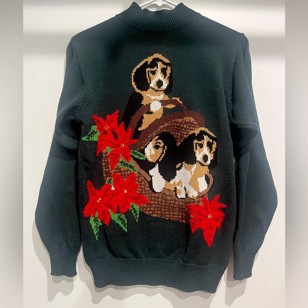 Vintage Tabi International Holiday Christmas Seasonal Sweater- Puppies in Basket